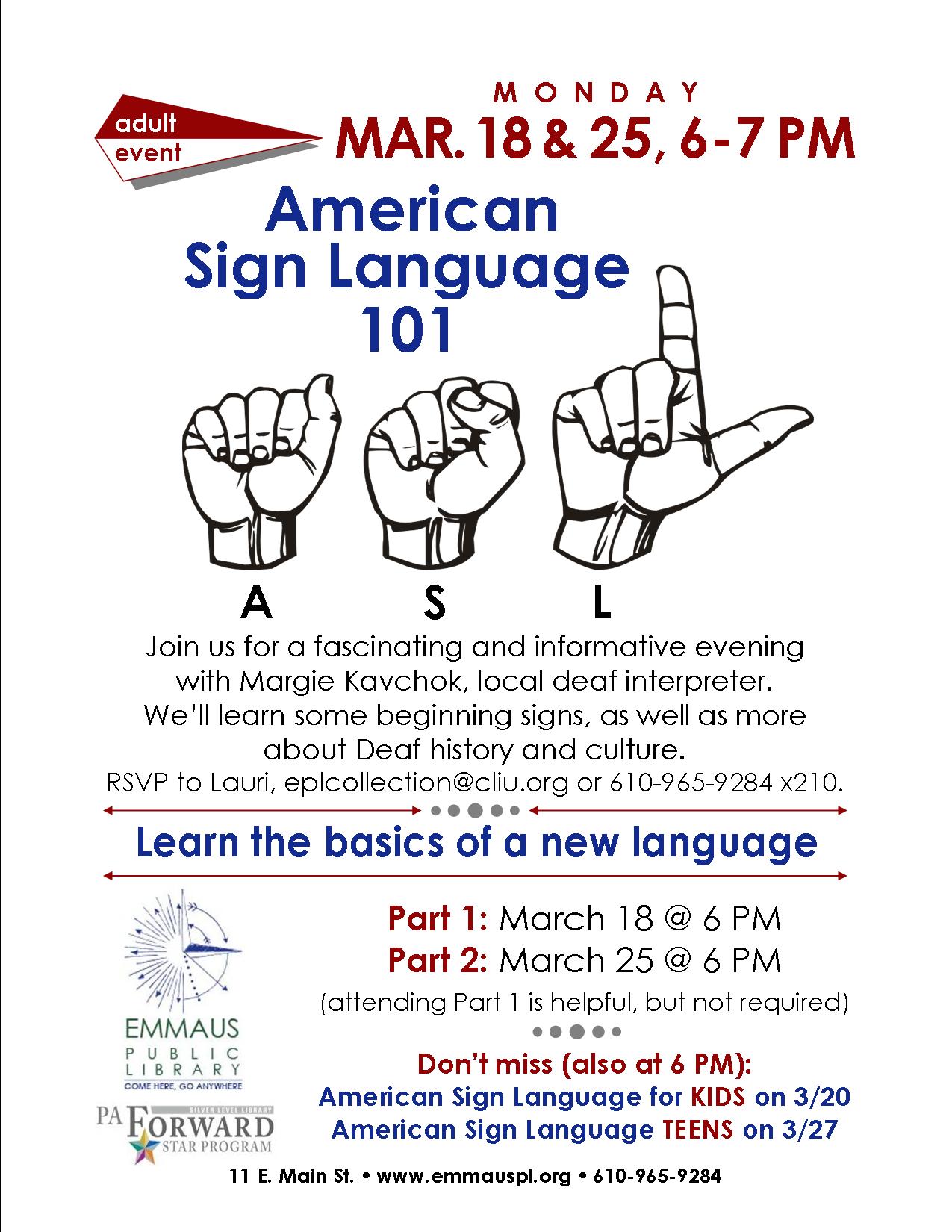 American Sign Language for kids, teens and adults Emmaus Public Library