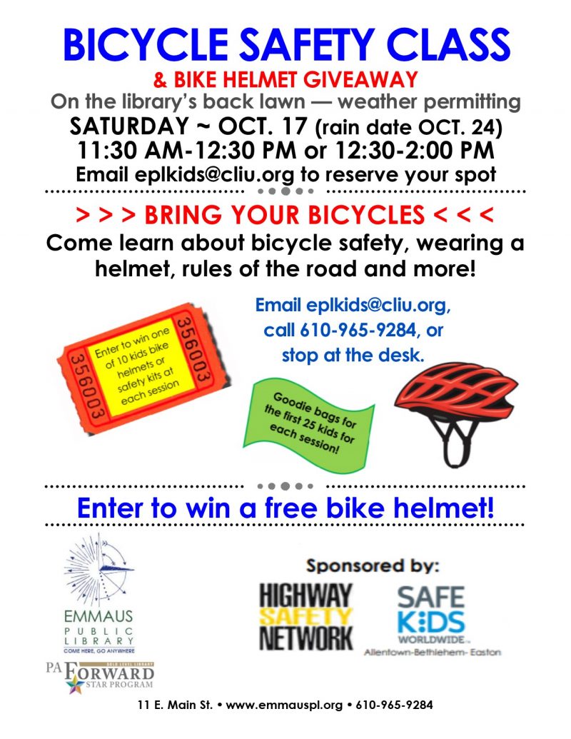 Bicycle Safety & Helmet Giveaway! Emmaus Public Library