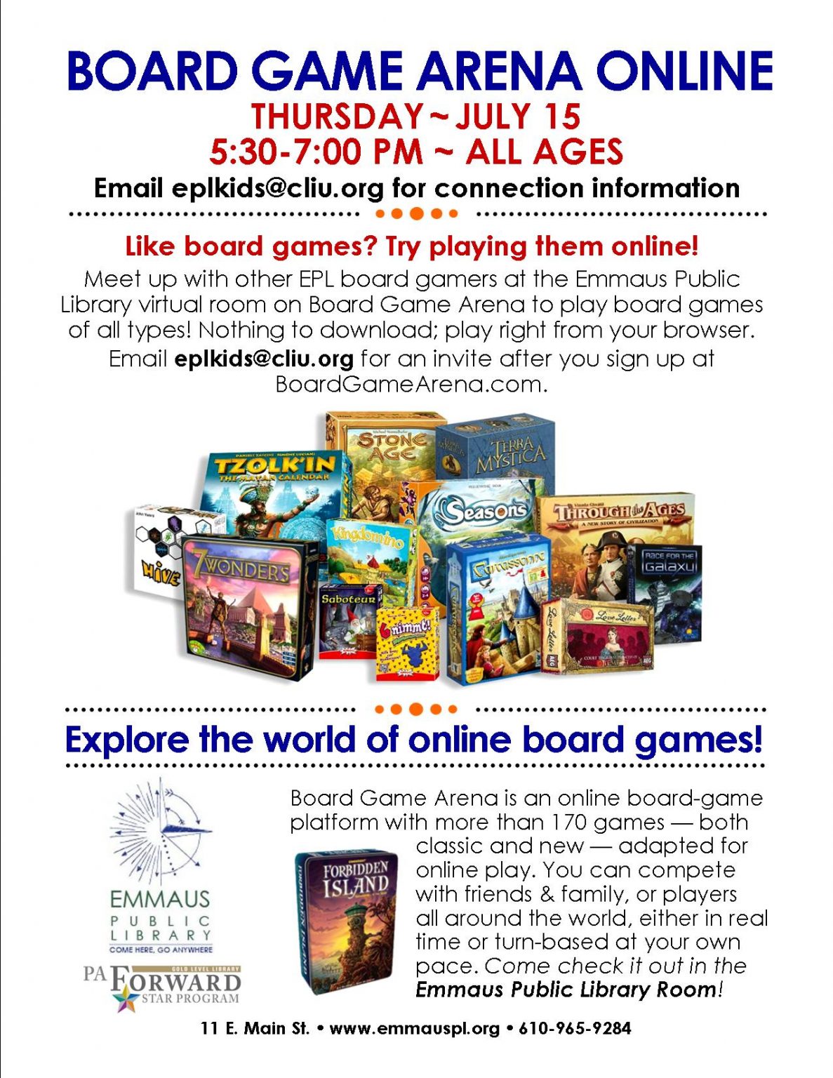 ONLINE Board Game Arena Emmaus Public Library